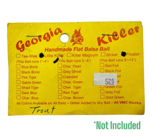 Load image into Gallery viewer, GEORGIA KILLER Little Killer Wood Fishing Lure. Handmade Flat Balsa Bait by LONNIE MELTON of Covington, Georgia. Pkg Topper