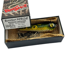 Load image into Gallery viewer, BLOODSHOT MORGUE WOODEN CHUGGER Topwater Wood Plug in GREEN FROG PATTERN box stats