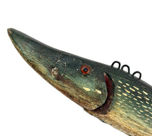 Load image into Gallery viewer, Northern Pike DFD Wood Decoy. Signed Folk Art Piece by Dave Perkins Duluth Fishing Decoys. esox lucius eyes