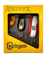 Load image into Gallery viewer, KELTGEN SEED COMPANY BLUE FOX FISHING SPOONS • 1987 Fishing Contest / Promotional 3-Pack. South Dakota Hall of Fame.