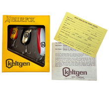 Load image into Gallery viewer, Minnesota Postcard & Fishing Contest Tips for KELTGEN SEED COMPANY BLUE FOX FISHING SPOONS • 1987 Fishing Contest / Promotional 3-Pack. South Dakota Hall of Fame.