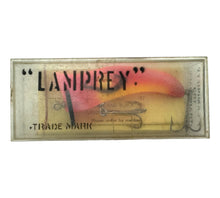Load image into Gallery viewer, Stencil Box Top View of Mid-Century Modern Lamprey Lure And Tackle Company of Chicago, Illinois "THE ORIGINAL LAMPREY" Vintage Fishing Lure in PIPED LIGHT RED & BLACK. Original Box & Insert Included.
