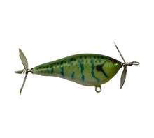 Load image into Gallery viewer, Right Facing View of BRIAN'S BEES CRANKBAITS PROP B Balsa Fishing Lure in GREEN PEARL w/ BLUE SQUIGGLES