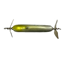 Load image into Gallery viewer, Belly View of BRIAN'S BEES CRANKBAITS DUAL PROP B Balsa Fishing Lure in GREEN PEARL SPARKLE w/ BLUE SQUIGGLES