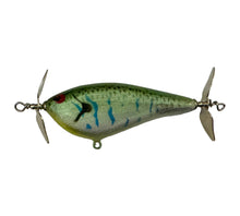 Load image into Gallery viewer, Left Facing View of BRIAN'S BEES CRANKBAITS DUAL PROP B Balsa Fishing Lure in GREEN PEARL SPARKLE w/ BLUE SQUIGGLES
