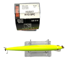 Load image into Gallery viewer, Box Stats View of RAPALA LURES HUSKY 13 Fishing Lure in SILVER FLUORESCENT CHARTREUSE. kelluva