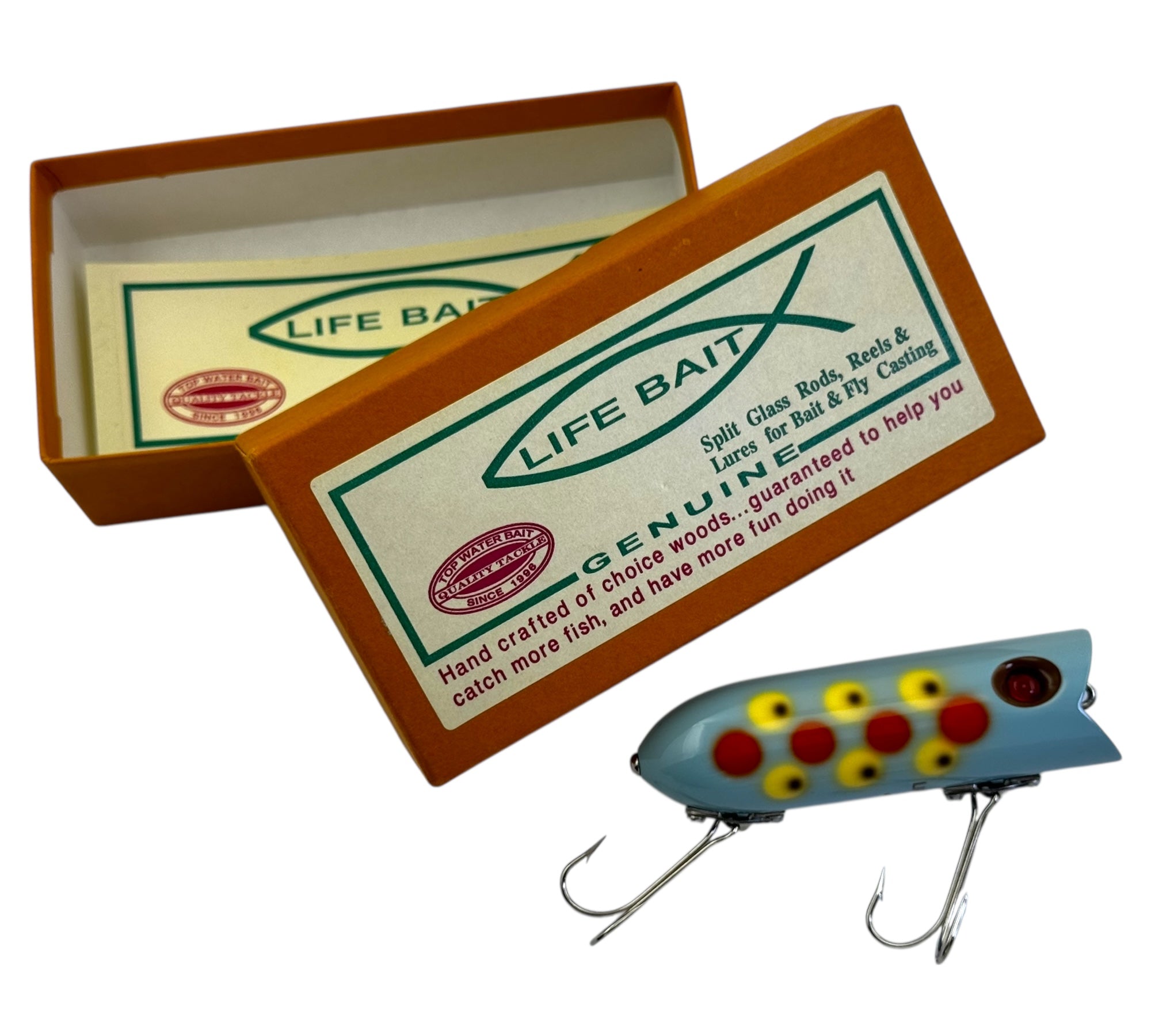 JAPAN ART BAIT • LIFE BAIT COMPANY WOOD DARTER FISHING LURE • BABY BLUE + ORANGE SPOT