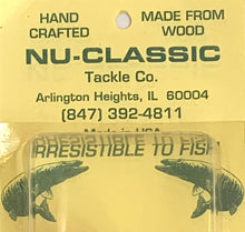 Lade das Bild in den Galerie-Viewer, Business Card View of NU-CLASSIC TACKLE COMPANY 5" Handcrafted Wood Topwater Plug Fishing Lure in PERCH SCALE