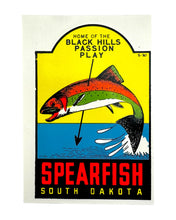 Load image into Gallery viewer, VINTAGE BLACK HILLS TRAVEL SOUVENIR DECAL. RAINBOW TROUT in SPEARFISH, SOUTH DAKOTA. passion play