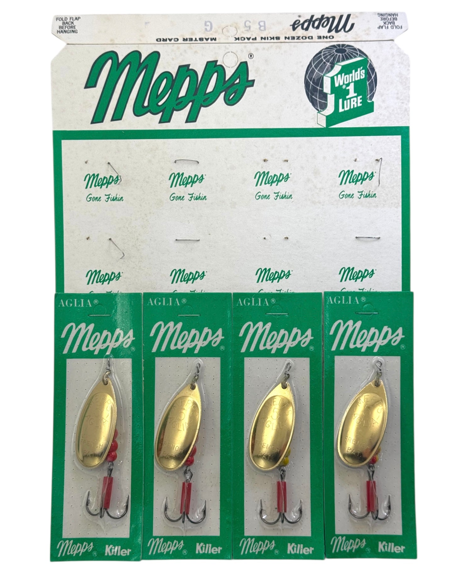 WORLD'S #1 LURE • MEPP'S AGLIA FRENCH PATENT SPINNER BAIT DISPLAY CARD • B5  G SIZE 5 GOLD