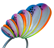 Lade das Bild in den Galerie-Viewer, MEPPS DRESSED AGLIA SALESMAN SAMPLE RING. RAINBOW TROUT & HOT FIRE TIGER SPINNER BLADES. size 0 to size 5