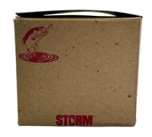 Load image into Gallery viewer, STORM LURES HALF DOZEN DEALER BOX for V76 WIGGLE WART in LUMINOUS GREEN HERRINGBONE side view vintage