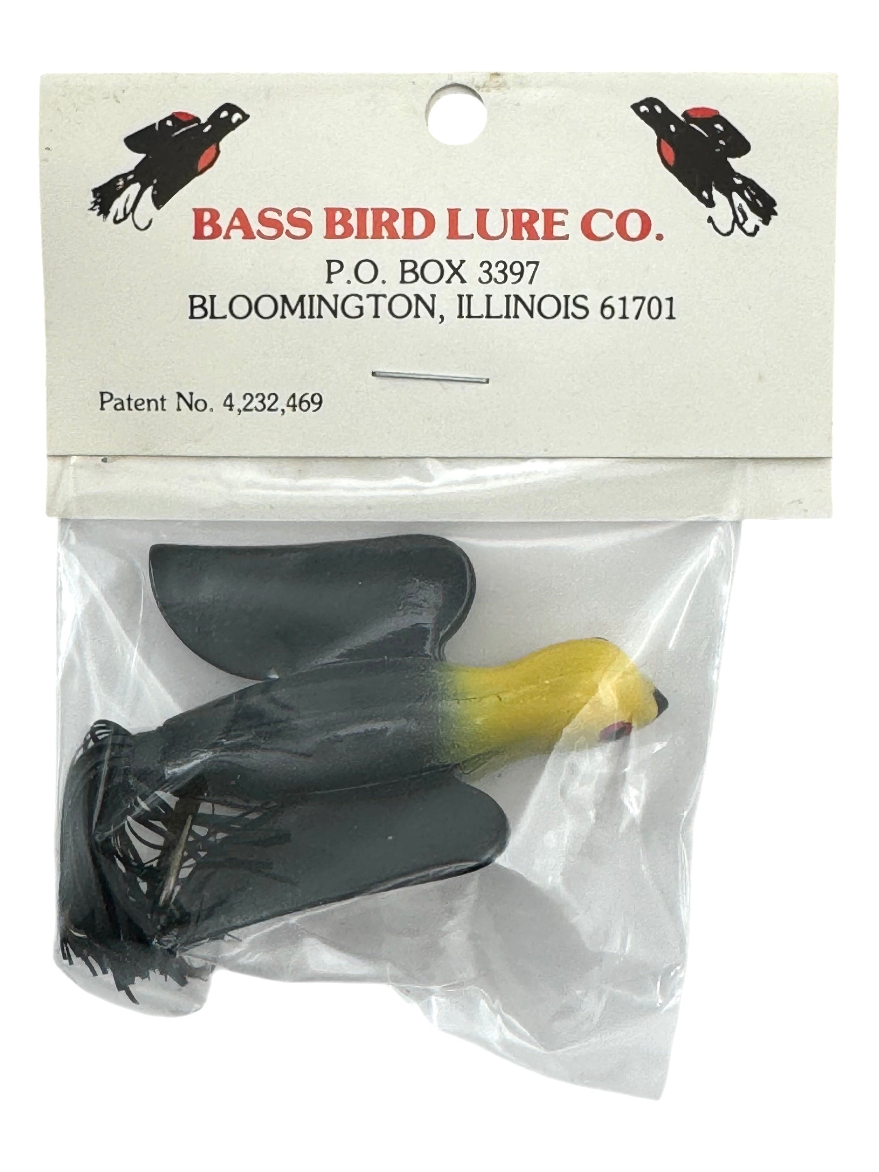 BLOOMINGTON, ILLINOIS • BASS BIRD LURE COMPANY BASS BIRD FISHING LURE • YELLOW BLACK
