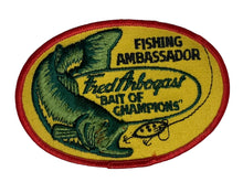 Cargar imagen en el visor de la galería, Fred Arbogast of Akron Ohio Vintage Patch Depicting a largemouth Bass Chasing a Jitterbug Fishing Lure
