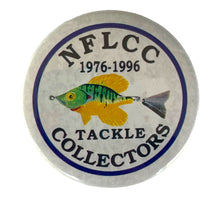 Load image into Gallery viewer, 20th Anniversary NFLCC Tackle Collectors Button Pin • ARBOGAST SUNFISH TIN LIZ