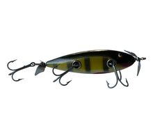 Charger l'image dans la galerie, Right Facing View of Antique CREEK CHUB BAIT COMPANY (CCBCO) 3 HOOK INJURED MINNOW Fishing Lure w/Glass Eyes in PERCH SCALE