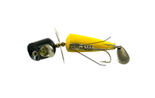 Load image into Gallery viewer, WEEDLESS HARDWARE • ANTIQUE TOM BAIT COMPANY TOP-RUNNING GIZMO Fishing Lure with ORIGINAL BOX & PAPERS • G-WG-BY BLACK/YELLOW