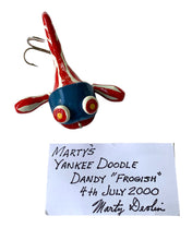 Load image into Gallery viewer, Signed Business Card with Bait View of MARTY'S YANKEE DOODLE DANDY "FROGGISH" Fishing Lure Handmade by MARK M. DEVLIN JR. Available at Toad Tackle.