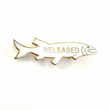 Load image into Gallery viewer, White Enamel RELEASED MUSKY Fish Pin