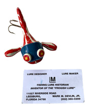 Load image into Gallery viewer, Lure & Artist Card View of MARTY'S YANKEE DOODLE DANDY "FROGGISH" Fishing Lure Handmade by MARK M. DEVLIN JR. Available at Toad Tackle.
