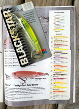 Cargar imagen en el visor de la galería, REBEL LURES BLACK STAR Jointed Jerkbait Fishing Lure in Chartreuse Lime. Pictured with Catalog Information