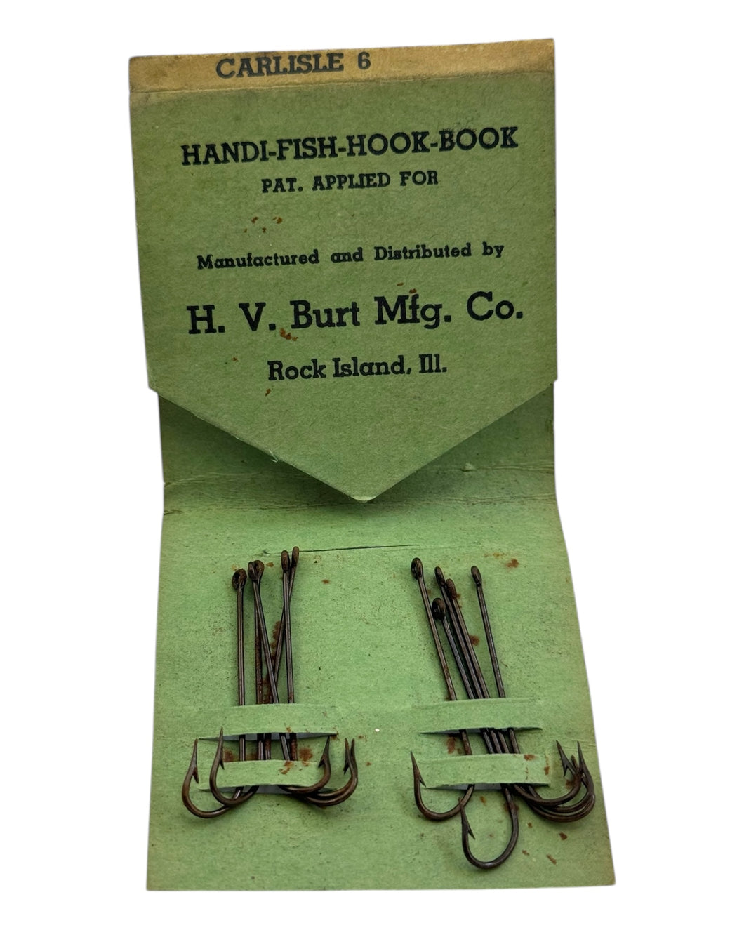antique fishing hooks carlisle 6 in matchbook. open pocket book
