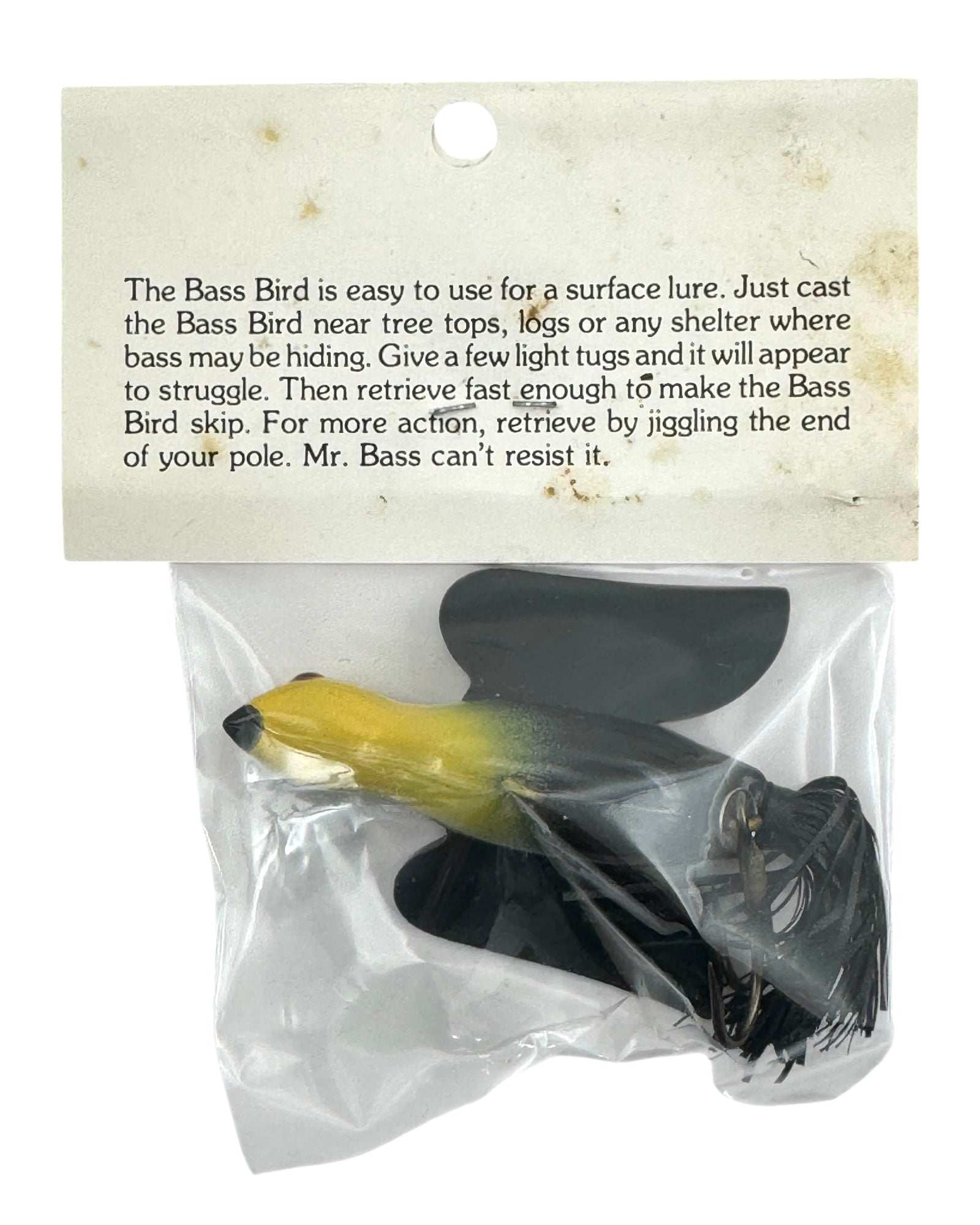 BLOOMINGTON, ILLINOIS • BASS BIRD LURE COMPANY BASS BIRD FISHING LURE •  YELLOW BLACK