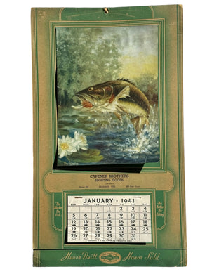 Antique Shakespeare Fishing Lures Jumping Bass Calendar 1941. Sporting Goods Store Advertising Signs for Fishermen.