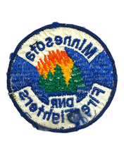 Load image into Gallery viewer, Minnesota DNR firefighters patch. Wildfire in the northwoods depiction. Royal Blue &amp; White Background.. back of patch
