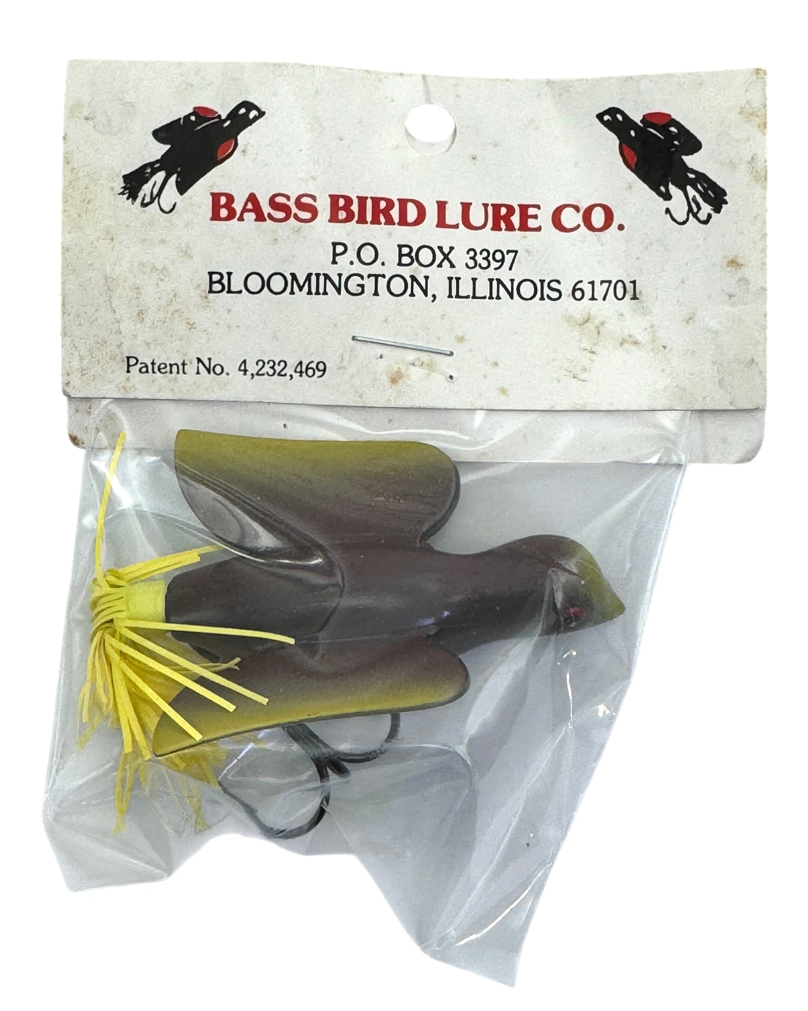 BLOOMINGTON, ILLINOIS • BASS BIRD LURE COMPANY BASS BIRD FISHING LURE • BROWN YELLOW