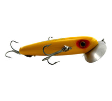 Load image into Gallery viewer, Right Facing View for FRED ARBOGAST MUSKY SIZE WOOD JITTERBUG in YELLOW. Topwater Big Bass Bait.
