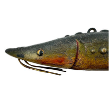 Lade das Bild in den Galerie-Viewer, Rare Sturgeon DFD Wood Decoy. Signed Folk Art Piece by Dave Perkins Duluth Fishing Decoys. glass eyes
