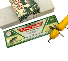 Load image into Gallery viewer, Pflueger Globe Antique Wood Fishing Lure with Vintage Graphics Canoe Box and Insert. Up lose
