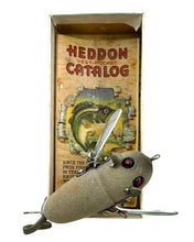 Load image into Gallery viewer, ANTIQUE HEDDON CRAZY CRAWLER. TRANSITIONAL HARDWARE &amp; SURFACE HARDWARE. James Heddon's Sons Box Marked 2120 GM GREY MOUSE. pocket catalog
