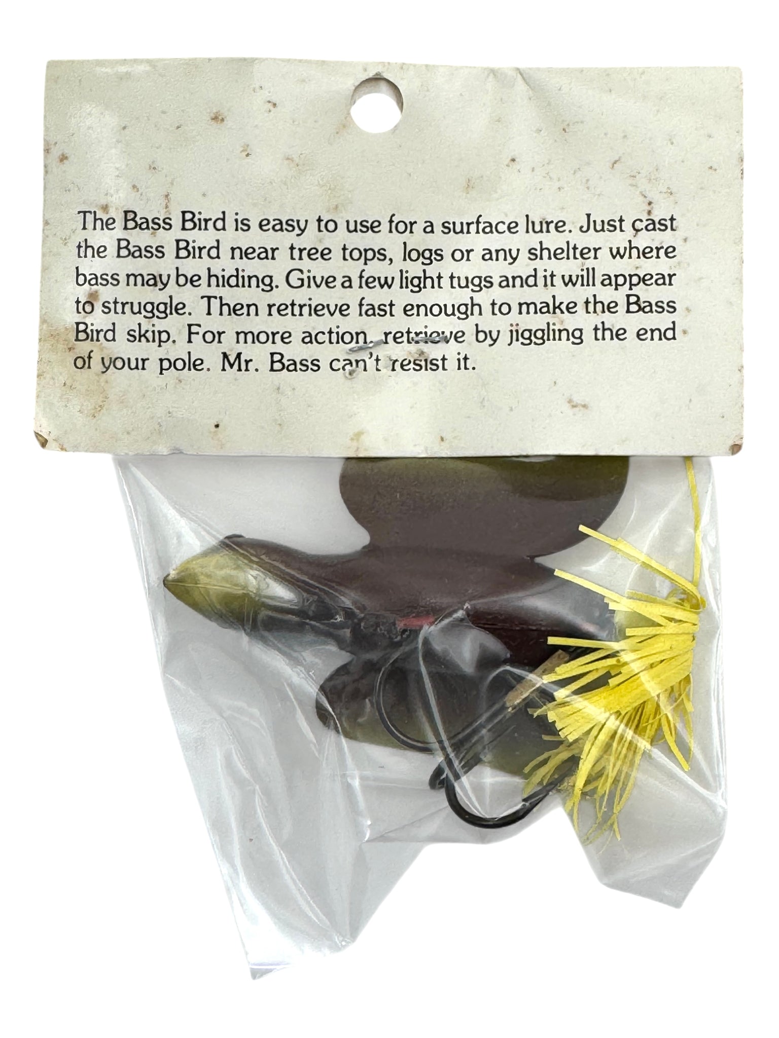 bass bird lure co BLOOMINGTON, ILLINOIS • BASS BIRD LURE COMPANY BASS BIRD FISHING LURE • BROWN YELLOW
