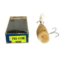 Cargar imagen en el visor de la galería, Box End &amp; Line Tie View of Vintage REBEL LURES BONEHEAD Fishing Lure w/ Original Box in BONE. TOPWATER POPPER #PBX-4100.
