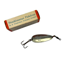 Load image into Gallery viewer, Box Side View of URFABRIKEN of Sweden &quot;LITTLE ABU&quot; Vintage Metal Spoonbait Fishing Lure. Original Box Features Retro Outdoorsman Graphics.
