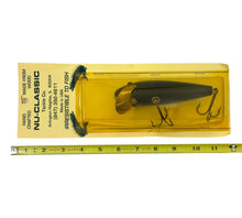 Load image into Gallery viewer, Tape Measure Comparison Pic for NU-CLASSIC TACKLE COMPANY 5&quot; Handcrafted Wood Fishing Lure in BLACK. Musky or Big Fishing Sized Bait.
