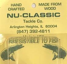Load image into Gallery viewer, Business Card View of NU-CLASSIC TACKLE COMPANY 5&quot; Handcrafted Wood Topwater Plug Fishing Lure in PERCH SCALE
