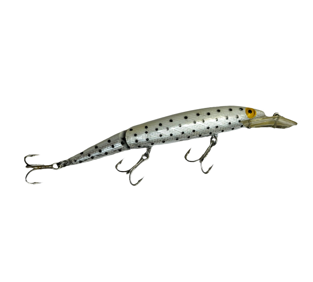 Right Facing View of REBEL LURES FASTRAC JOINTED MINNOW Fishing Lure  in SILVER/PEARL/BLACK SPOTS