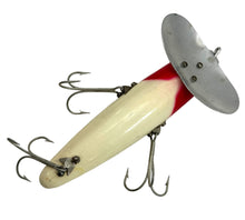 Load image into Gallery viewer, Belly View of FRED ARBOGAST MUSKY SIZE WOOD JITTERBUG in RED &amp; WHITE
