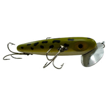 Load image into Gallery viewer, Right Facing View of FRED ARBOGAST WOOD JITTERBUG Fishing Lure in&nbsp; FROG Pattern. Vintage Musky Sized Topwater Bait.
