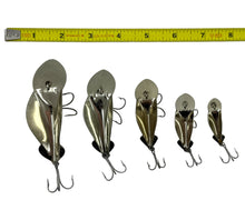 Charger l&#39;image dans la galerie, Tape Measure View of BUCK PERRY SPOONPLUG 5 PAK Set Fishing Lures with Insert in CHROME
