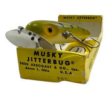 Load image into Gallery viewer, Stamped Box End View for FRED ARBOGAST WOOD JITTERBUG Fishing Lure in&nbsp; FROG Pattern. Vintage Musky Sized Topwater Bait.
