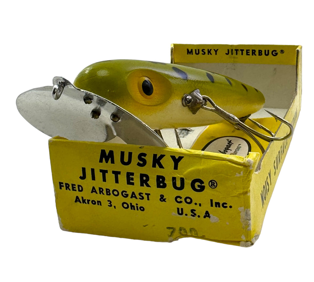 Stamped Box End View for FRED ARBOGAST WOOD JITTERBUG Fishing Lure in  FROG Pattern. Vintage Musky Sized Topwater Bait.