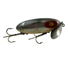 Lade das Bild in den Galerie-Viewer, Right Facing View of Antique ARBOGAST 5/8 oz WOOD JITTERBUG Fishing Lure in SCALE. Pre- WWII Era Bug.
