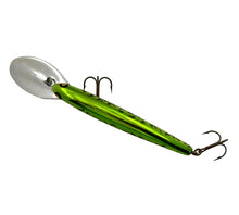 Load image into Gallery viewer, Back View of BOMBER BAIT COMPANY MODEL 25 A Fishing Lure in GREEN MONKEY PUKE. Screwtail Model Means Older or Vintage Crankbait.
