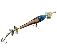 Load image into Gallery viewer, Back View of HELLRAISER TACKLE COMPANY of Lake Tomahawk, Wisconsin, CHERRY TWIST Muskie Sized Fishing Lure in CHERRY BOMB. USA Flag Painted!
