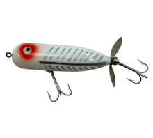 Load image into Gallery viewer, Left Facing View of HEDDON MAGNUM TORPEDO Topwater Fishing Lure in RED &amp; WHITE SHORE MINNOW. Vintage Box &amp; Insert Included.
