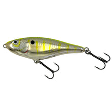 Load image into Gallery viewer, Left Facing View of RAPALA GLIDIN&#39; RAP 12 Fishing Lure in CHROME CHARTREUSE with Fisherman Altered Stripes
